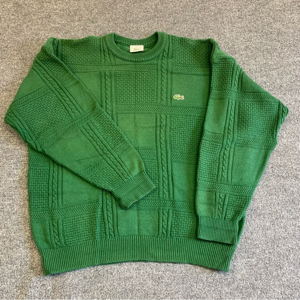 Vintage Lacoste Men's Textured Cable Knit Green Crewneck Sweater